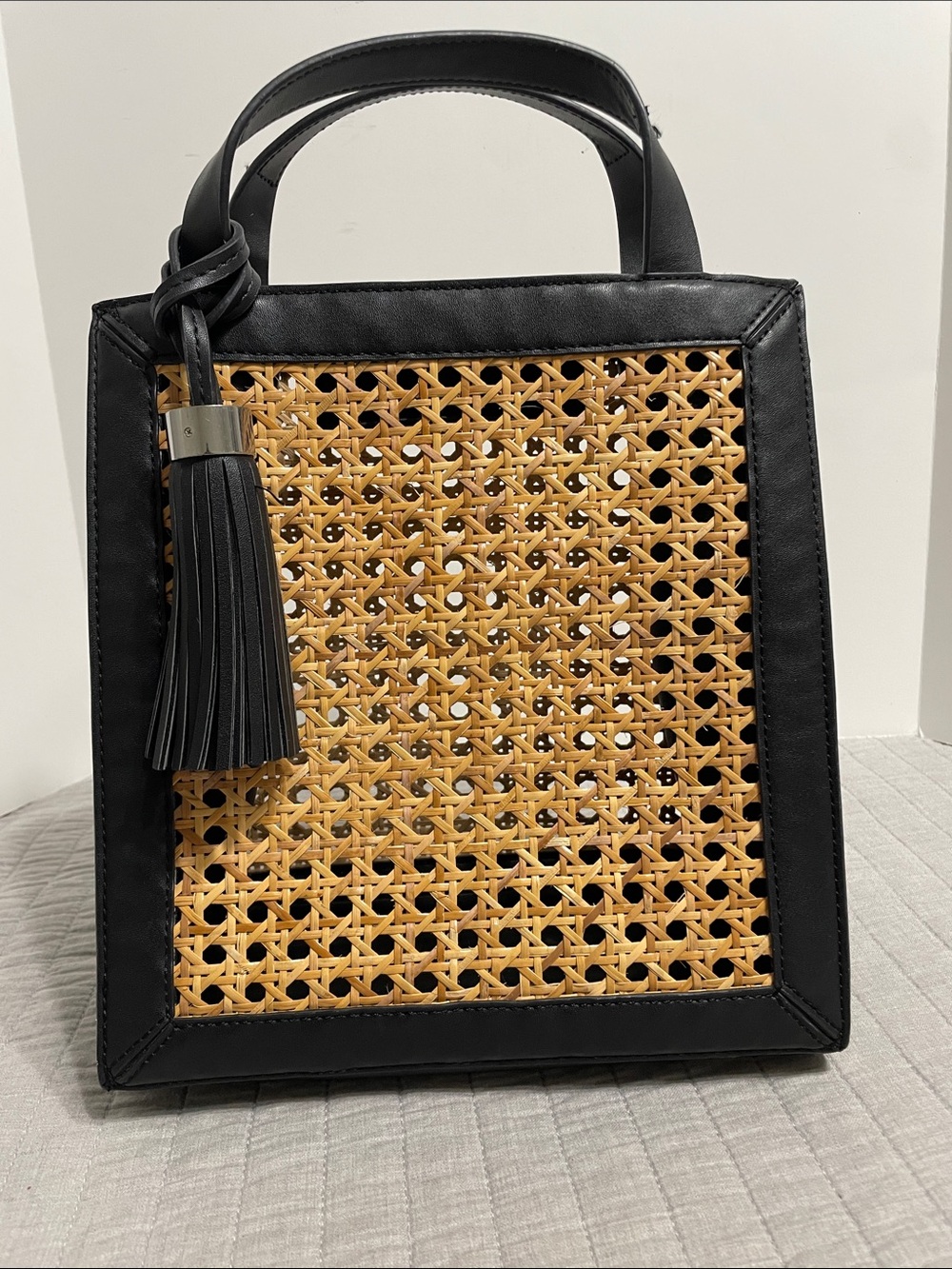 Zara Mini Cane Wicker Black and Natural Woven Tote with Tassel